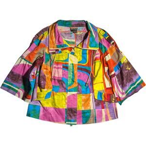 Vtg Y2K Berek Colorful Mod Geometric 3/4 Bell Sleeve Full Zip Collared Jacket L